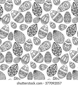 Seamless texture with festive doodle eggs with boho pattern. Vector element for invitations, brochures, greeting cards, and your design