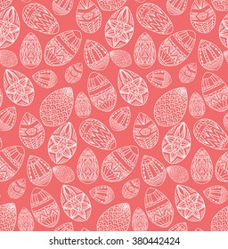 Seamless texture with festive doodle eggs with boho pattern. Vector element for invitations, brochures, greeting cards, and your design