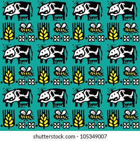 Seamless texture. Field with ears of wheat, flowers, bees and cows / Wheat field