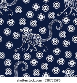 Seamless texture of fire monkey, symbol of 2016. Continuous pattern of ape, decorated with floral pattern. Suitable for New Year's design: cloth, web, wallpaper, wrapping . Vector illustration.
