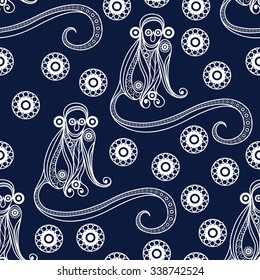 Seamless texture of fire monkey, symbol of 2016. Continuous pattern of ape, decorated with floral pattern. Suitable for New Year's design: cloth, web, wallpaper, wrapping . Vector illustration.
