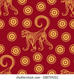 Seamless texture of fire monkey, symbol of 2016. Continuous pattern of ape, decorated with floral pattern. Suitable for New Year's design: cloth, web, wallpaper, wrapping . Vector illustration.