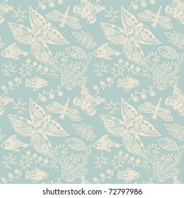 seamless texture with fish and butterfly, endless floral texture