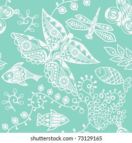 seamless texture with fish and butterfly, endless floral texture