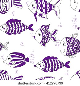 Seamless texture with fish. Color illustration in doodle style.