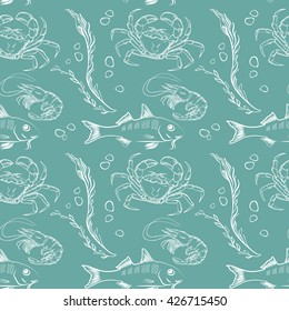 Seamless texture with fish, crab and  shrimp  on  aquamarine background. Vector  pattern.