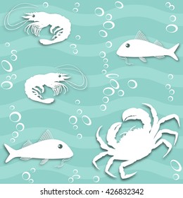 Seamless texture with fish, crab, shrimp, bubble  and  wave  on  aquamarine background. Vector  pattern.