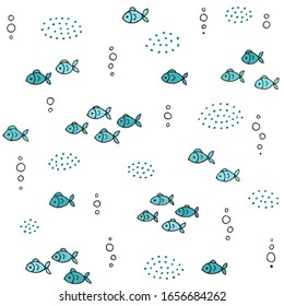 Seamless texture with fish and hand drawn elements. Childish sea background, drawing with line-art. Eps10 vector.