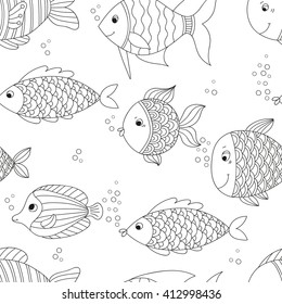 Seamless texture with fish. Monochrome illustration in doodle style.
