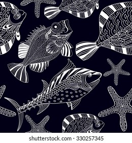 Seamless texture with fish and starfish in cartoon style on a black background.