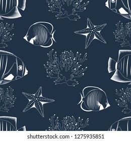 Seamless texture of fish, starfish, coral on a dark blue background.