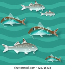 Seamless texture with fish and  wave  on  aquamarine background. Vector  pattern.
