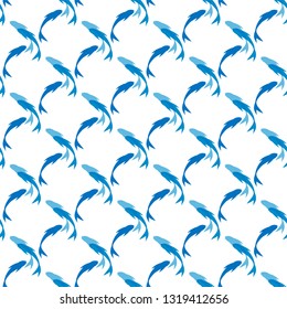 Seamless texture with fishes. Design element, fabric, graphic print. Drawn fish silhouette isolated on white background.