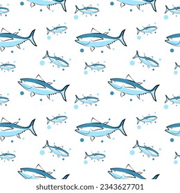 Seamless texture with fishes on a white background. Vector illustration in doodle style