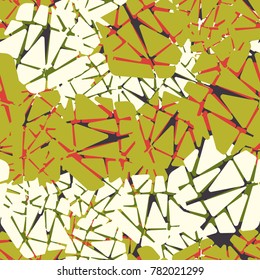 Seamless texture of five colors, consisting of fragments of pentagons. It is designed for backgrounds, design, clothes, textile items, 3d models.