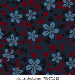 Seamless texture of five colors. Randomly arranged flowers and trefoils.