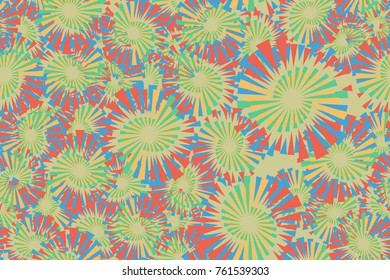 Seamless texture of five colors. Spiral fireworks, stars. For use on fabrics, 3D models, wallpaper and design.