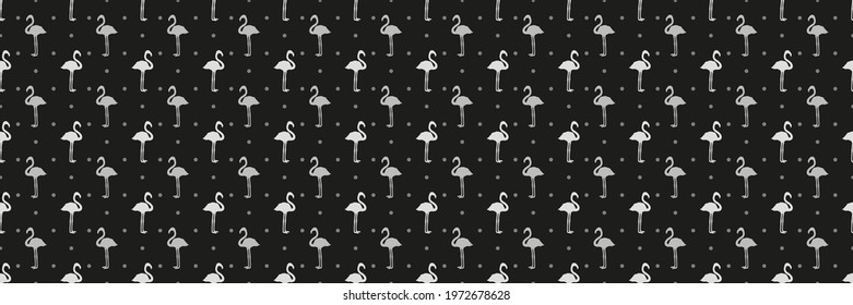 Seamless texture with flamingos and dots. Abstract birds. Polka pattern. Black and white illustration