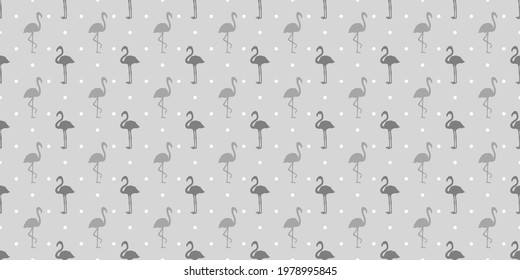 Seamless texture with flamingos and dots. Abstract birds. Polka pattern. Black and white illustration