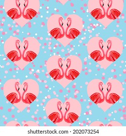 Seamless texture of flamingos in the hearts on the background in a circle