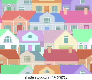 Seamless texture with flat countryside houses. Background for packaging, postcards, and your design