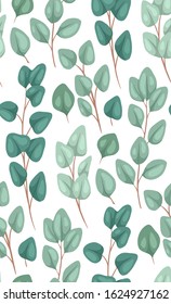 Seamless texture of flat eucalyptus populus on a white background. Cartoon branches with foliage. Natural vector color texture for wallpaper, fabrics and your design.