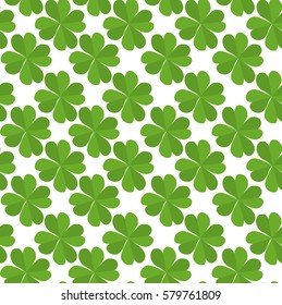 Seamless texture with flat lucky four-leaf clover on a white background. Vector pattern for your creativity