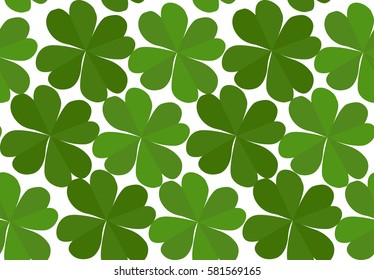 Seamless texture with flat lucky four-leaf clover on a white background. Vector pattern for your creativity