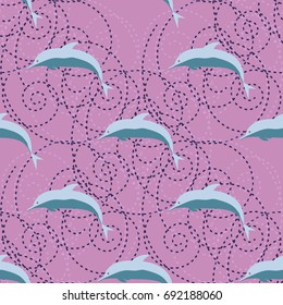 Seamless texture with a flock of dolphins, illustration for background