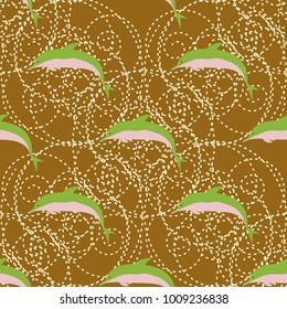 Seamless texture with a flock of dolphins under water, illustration for background