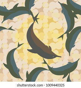 Seamless texture with a flock of dolphins under water, illustration for background