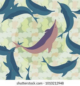 Seamless texture with a flock of dolphins under water, illustration for background