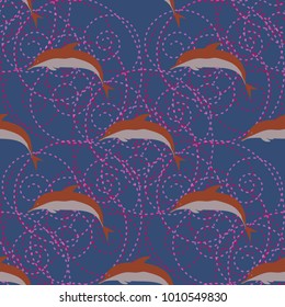 Seamless texture with a flock of dolphins under water, illustration for background