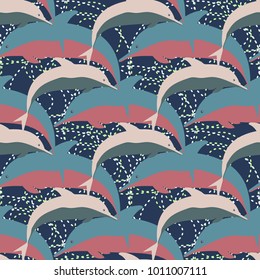 Seamless texture with a flock of dolphins under water, illustration for background