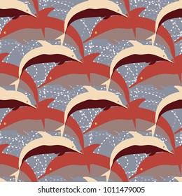 Seamless texture with a flock of dolphins under water, illustration for background