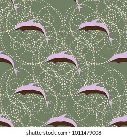 Seamless texture with a flock of dolphins under water, illustration for background