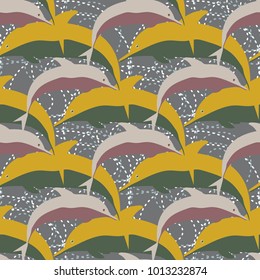 Seamless texture with a flock of dolphins under water, illustration for background