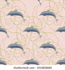 Seamless texture with a flock of dolphins under water, illustration for background