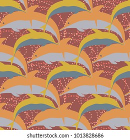 Seamless texture with a flock of dolphins under water, illustration for background