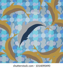 Seamless texture with a flock of dolphins under water, illustration for background