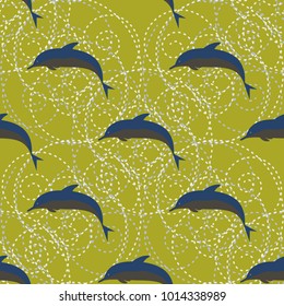 Seamless texture with a flock of dolphins under water, illustration for background