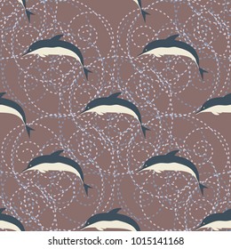 Seamless texture with a flock of dolphins under water, illustration for background