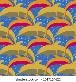 Seamless texture with a flock of dolphins under water, illustration for background