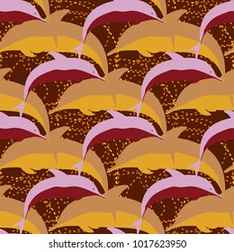 Seamless texture with a flock of dolphins under water, illustration for background