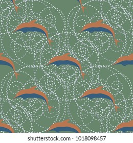 Seamless texture with a flock of dolphins under water, illustration for background