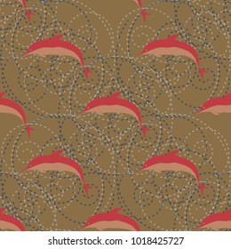 Seamless texture with a flock of dolphins under water, illustration for background