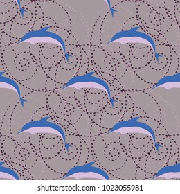 Seamless texture with a flock of dolphins under water, illustration for background