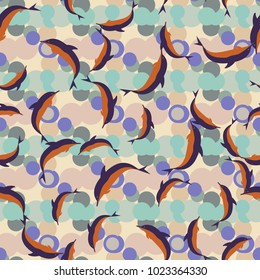 Seamless texture with a flock of dolphins under water, illustration for background