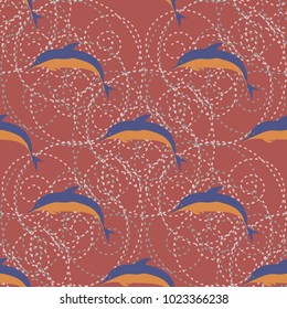 Seamless texture with a flock of dolphins under water, illustration for background