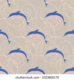 Seamless texture with a flock of dolphins under water, illustration for background